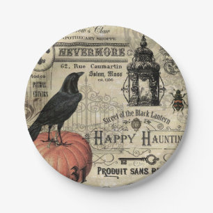 Modern Vintage Halloween pumpkin and crow Paper Plate