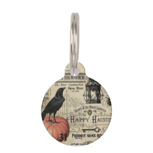 modern vintage halloween pumpkin and crow pet tag