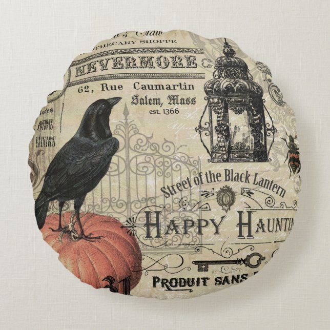 Modern Vintage Halloween pumpkin and crow Round Cushion (Front)