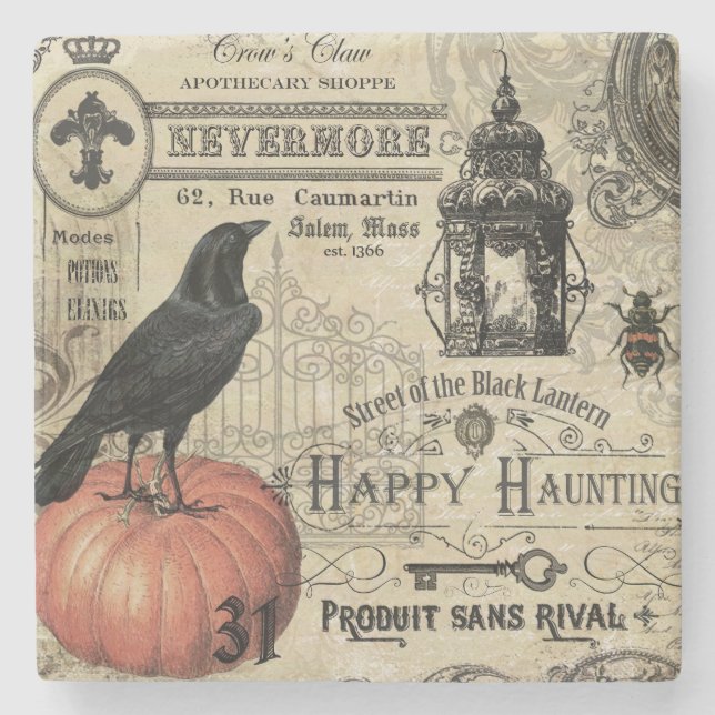 Modern Vintage Halloween pumpkin and crow Stone Coaster (Front)