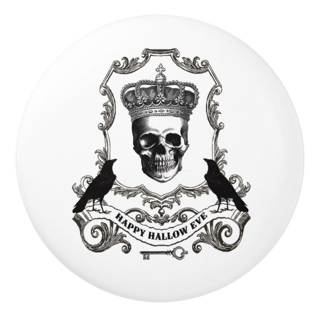 Modern vintage Halloween skull with crown Ceramic Knob (Front)