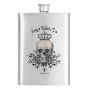 Modern Vintage Halloween skull with crown Hip Flask