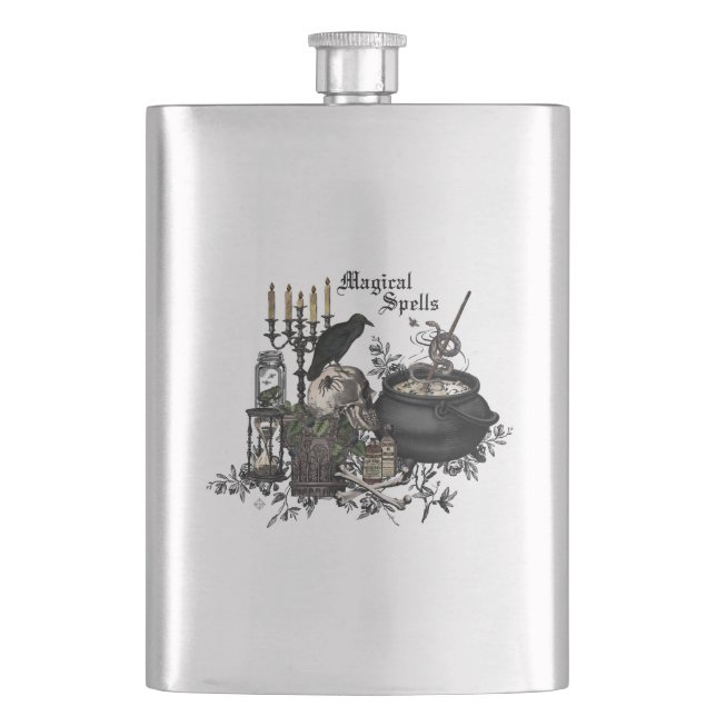 Modern vintage Halloween WITCHES BREW Hip Flask (Front)
