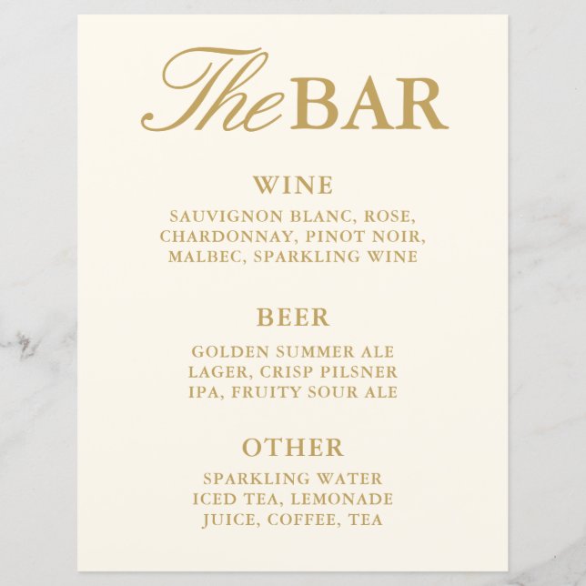 Modern Vintage Ivory Bar Menu Wedding Sign (Front)