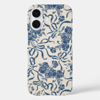 Modern Vintage Ivory Navy Blue Floral Pattern iPhone 16 Case