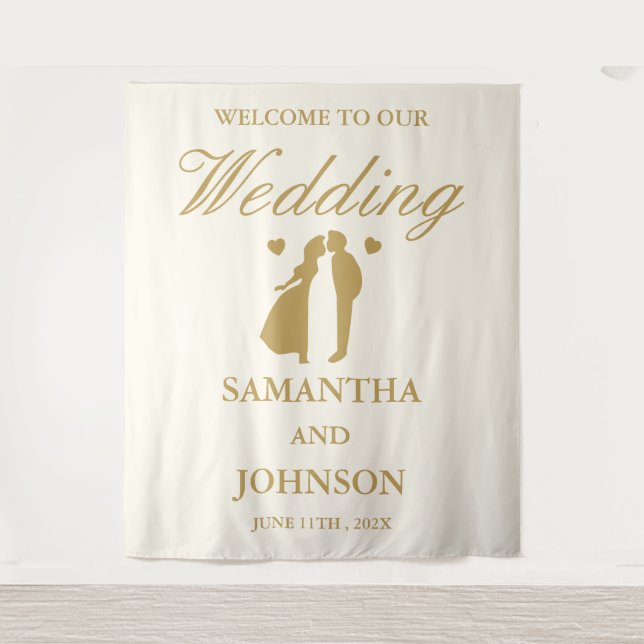 Modern Vintage Ivory Wedding Welcome Backdrop Tapestry (Front)