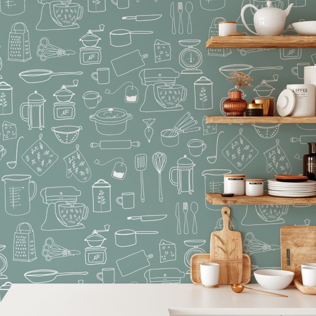 Modern Vintage Kitchen Utensil Pattern Wallpaper (In situ)