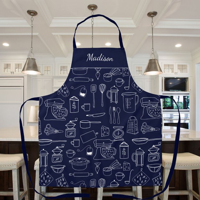 Modern Vintage Kitchen Utensils Cute Doodle Apron (In situ)