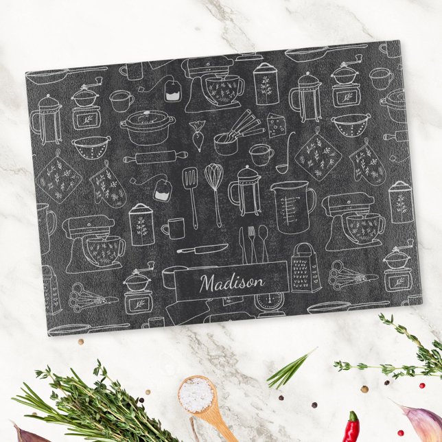 Modern Vintage Kitchen Utensils Cute Doodle Cutting Board (In situ)