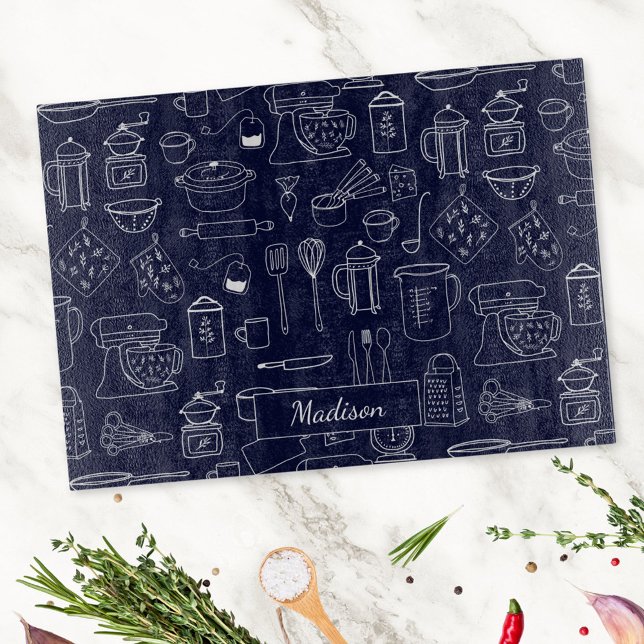 Modern Vintage Kitchen Utensils Cute Doodle Cutting Board (In situ)