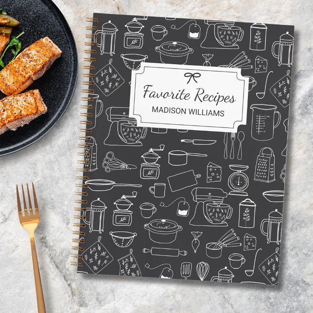 Modern Vintage Kitchen Utensils Cute Doodle Recipe Notebook (In situ)