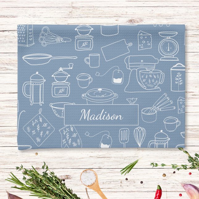 Modern Vintage Kitchen Utensils Cute Doodle Tea Towel (In situ)