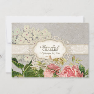 Modern Vintage Lace Tea Stained Hydrangea n Roses Invitation
