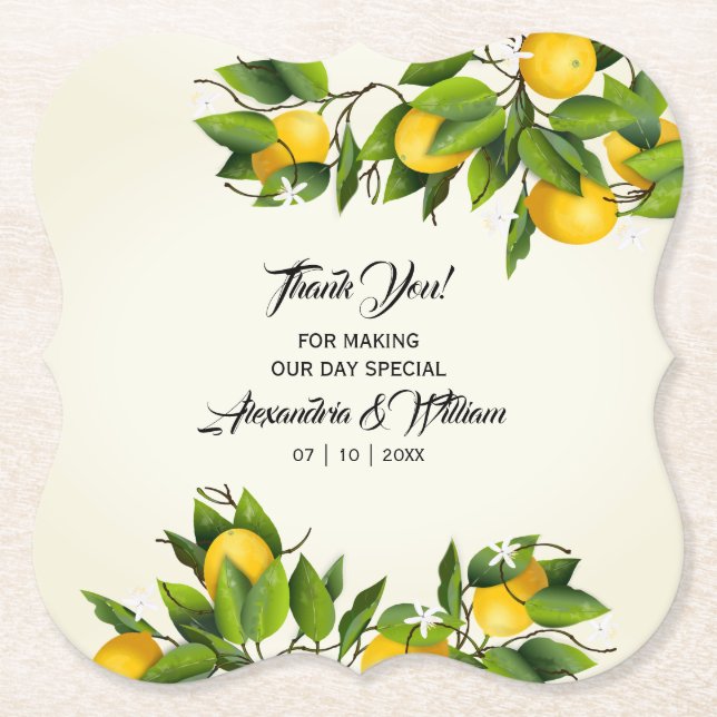 Modern Vintage Lemon Fruit | Wedding Paper Coaster (Front)