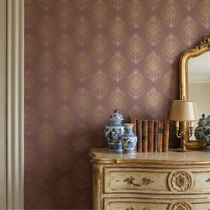 Modern Vintage Mauve And Gold Damask  Wallpaper