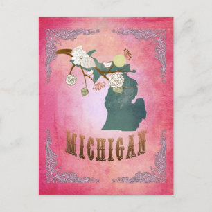 Modern Vintage Michigan State Map- Candy Pink Postcard
