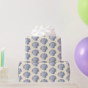 Modern Vintage Navy Blue Shells on Beige Cream Wrapping Paper