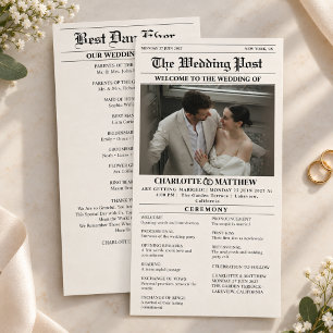 Modern Vintage Newspaper Photo Beige Wedding Programme