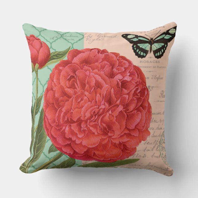 Modern vintage Peony and butterfly Cushion (Front)
