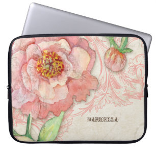 Modern Vintage Peony Floral Swirls Antique Vintage Laptop Sleeve