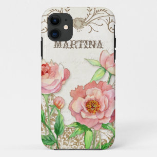 Modern Vintage Peony Floral Swirls Personalised iPhone 11 Case