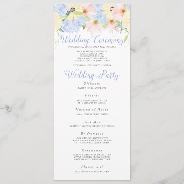 Modern Vintage Pink Floral Wedding Program Card (Front)