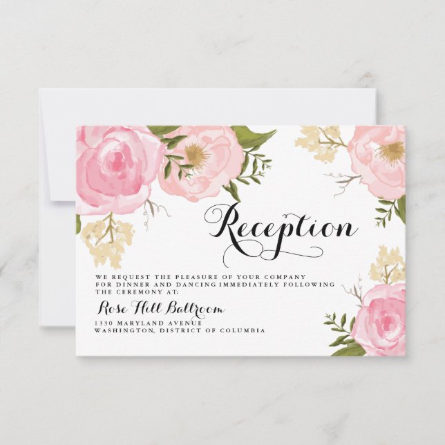 Modern Vintage Pink Floral Wedding Reception Card (Front)