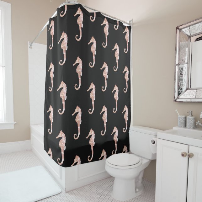 Modern Vintage Pink Seahorse Black  Shower Curtain (In Situ)