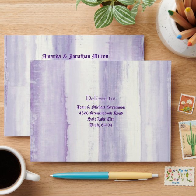 Modern Vintage Purple Wedding Pre-addressed Envelope (Desk)