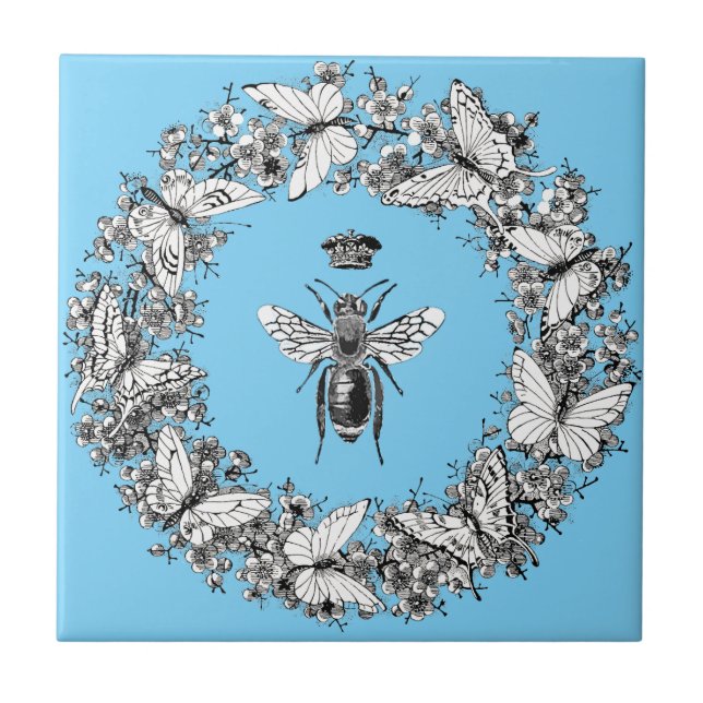 Modern Vintage Queen Bee Crown Butterfly Wreath Tile (Front)
