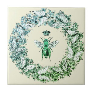 Modern Vintage Queen Bee Crown Butterfly Wreath Tile