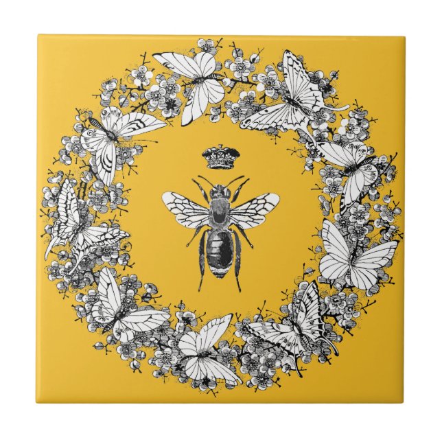 Modern Vintage Queen Bee Crown Butterfly Wreath Tile (Front)