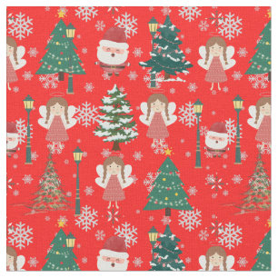 Modern vintage red christmas pattern Santa  trees  Fabric