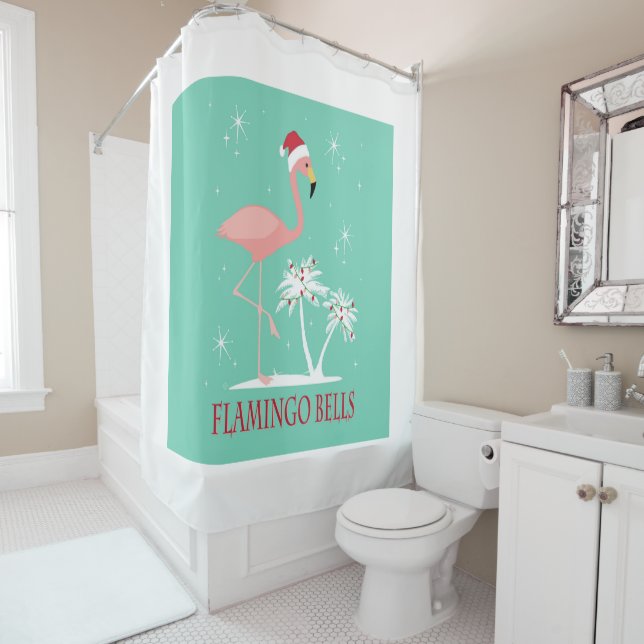 MODERN VINTAGE RETRO CHRISTMAS FLAMINGO SHOWER CURTAIN (In Situ)