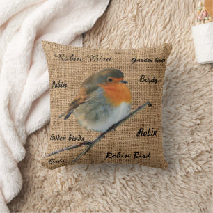Modern Vintage Robin Bird burlap script Cushion