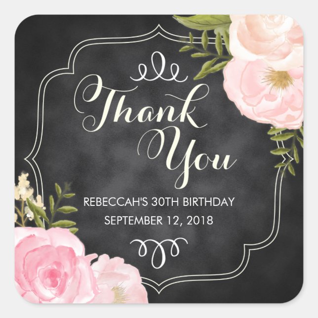 Modern Vintage Roses Chalkboard Custom Favour Square Sticker (Front)