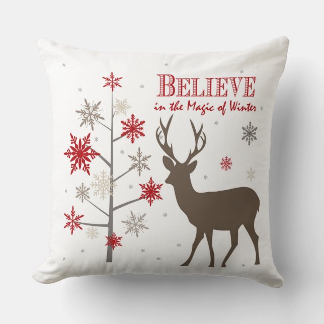 modern vintage rustic deer and snowflakes cushion (Front)