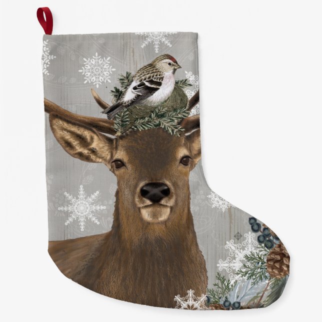 modern vintage rustic winter deer large christmas stocking (Front)