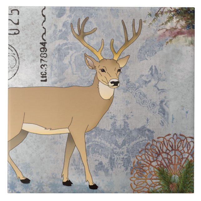 Modern Vintage Rustic Winter Deer Snowflakes Tile (Front)