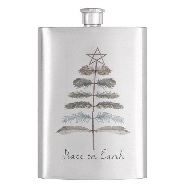 modern vintage rustic winter feather tree hip flask (Front)
