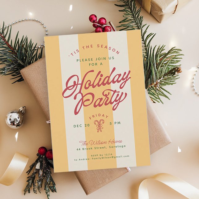 Modern Vintage Stripes Cute Retro Holiday Party Invitation (Creator Uploaded)