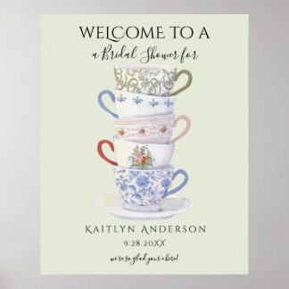Modern Vintage Tea Cups Watercolor Bridal Shower Poster