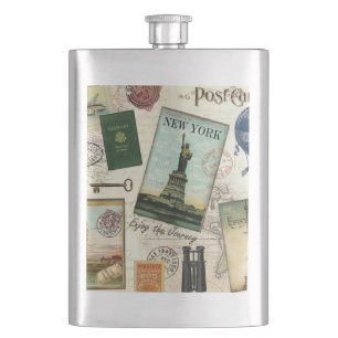 modern vintage travel collage hip flask