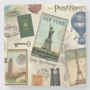 modern vintage travel collage stone coaster