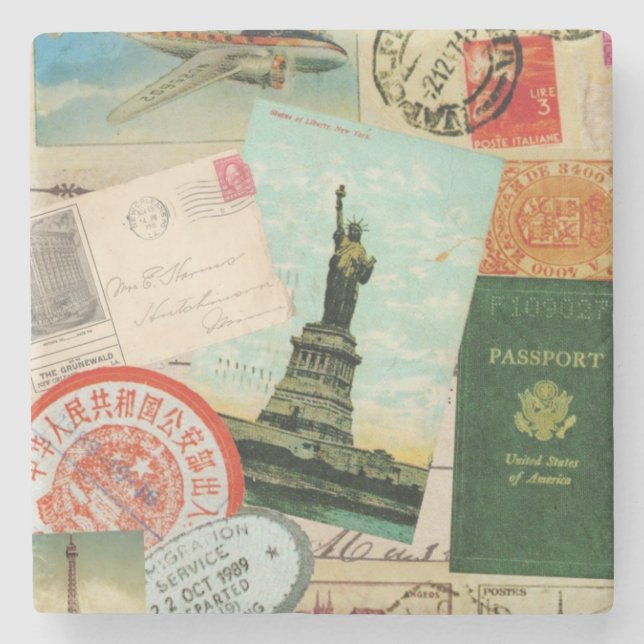 modern vintage travel collage stone coaster (Front)