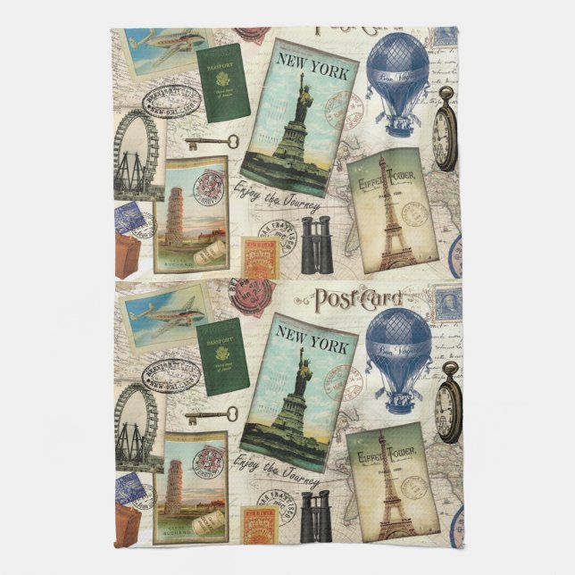 modern vintage travel collage tea towel (Vertical)