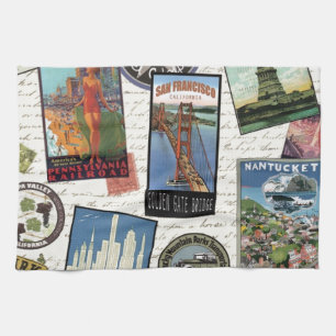 modern vintage travel USA Tea Towel