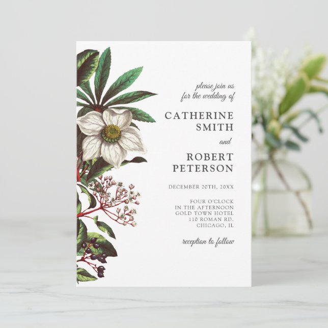 Modern Vintage White Christmas Rose Invitation (Standing Front)