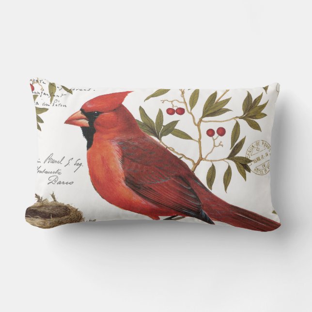 modern vintage winter cardinal lumbar cushion (Front)