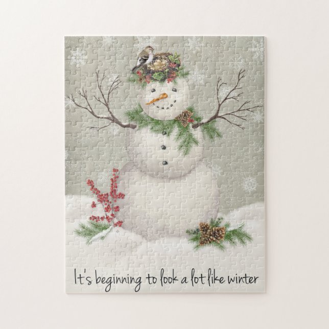 modern vintage winter garden snowman jigsaw puzzle (Vertical)